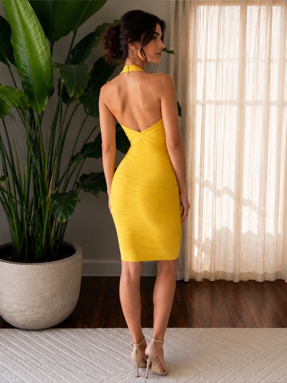 Herv Lger Mustard Yellow Bandage Halter Bodycon Midi Dress | Open Back